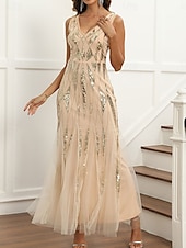 preiswerte Unter 129,99 $-Kleid Brautmutterkleid Elegant Party V Ausschnitt Knöchellänge Polyester Ärmellos mit Paillette 2025