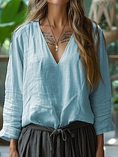 abordables Chemises-Femmes Chemises inspirées du lin T-shirt Chemisier Uni Élégant Occasionnel manche longue Col en V Hauts Réguliers Quotidien Sortir Week-end Rose Claire Vert Véronèse Kaki Bleu clair Été Printemps