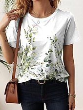 cheap Floral tee-Women&#039;s T Shirt Floral Casual Short Sleeve Round Neck Regular Tops Daily Print Black White Light Green Blue Purple Summer