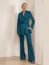 cheap Mom&#039;s Pant Suits-Pantsuit Mother of the Bride Suit Blazer Shawl Lapel Elegant Vintage Simple V Neck Long Sleeve With Wrap on Waist Floor Length Flared Pants Stretch Satin