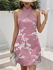 preiswerte Blumenkleider-Damen Minikleid Sommerkleid A Linie Kleid Urlaub Lässig Outdoor Ausgehen Normale Passform Blumen Grafik Ärmellos V Ausschnitt Rosa Blau Grün Sommer