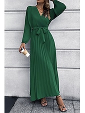 preiswerte abendkleider-Damen Langes Kleid Maxikleid Cocktailkleid Gerafftes Kleid Elegant Mode Geburtstag Teegesellschaft Ausgehen Normale Passform Einfach Langarm V Ausschnitt Schwarz Rote Grün Sommer