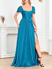levne Večerní šaty-A-Linie Quinceanera Šaty Párty Šaty Svatební Svatební Host Podlahová Délka Krátký Rukáv Čtvercový Výstřih Polyester s Trakem