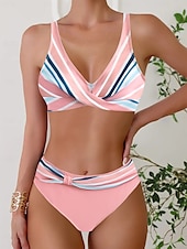 economico Bikini-Per donna Plus Size Costumi da bagno Bikini Tankini 2 pezzi Slip brasiliano Costume da bagno A V scollato Sostegno e protezioni Lavorato a maglia Moda Abbigliamento mare Color Block Geometrico Tuffo