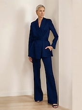 cheap Mom&#039;s Pant Suits-Pantsuit Mother of the Bride Suit Blazer Shawl Lapel Elegant Vintage Simple V Neck Long Sleeve With Wrap on Waist Floor Length Flared Pants Stretch Satin