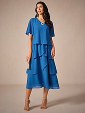 preiswerte abendkleider-Damen Knielanges Kleid Chiffonkleid Elegant Stilvoll Fließend Hochzeit Hochzeitsgast Lässiger Schnitt Einfarbig Kurzarm V Ausschnitt Königliches Blau Sommer Frühling