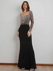 preiswerte Abendkleider-Meerjungfrau/Trompete Abendkleid elegantes Kleid formelle Abendparty bodenlang Langarm quadratischer Ausschnitt Stretch-Crêpe mit Perlenkristallen 2025