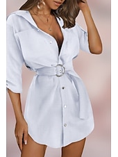 economico Abiti casual bianchi-Per donna Mini abito Abito chemisier Abito in cotone e lino Di tendenza Per eventi Appuntamento Fine settimana Standard Liscio Manica lunga Colletto Bianco Cachi Estate