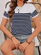 billige Stripe og geometrisk t-skjorte-Dame T skjorte hav Stripet Fritid Kortermet Rund hals Vanlige topper Daglig Ut på byen Helg Trykt mønster Navyblå Sommer
