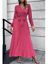 preiswerte abendkleider-Damen Langes Kleid Maxikleid Cocktailkleid Gerafftes Kleid Elegant Mode Geburtstag Teegesellschaft Ausgehen Normale Passform Einfach Langarm V Ausschnitt Schwarz Rote Grün Sommer