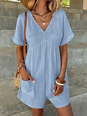 abordables grenouillère-Rompers pour femmes couleur unie manches courtes col en V poches vacances quotidien coupe régulière noir vert abricot été