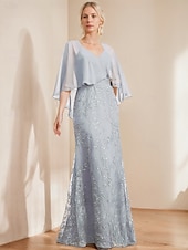 abordables Longueur du plancher-robe trapèze robe mère de la mariée élégante scintillante&amp;amp;Robe longue en mousseline de soie à col en V et manches courtes avec paillettes en dentelle 2025