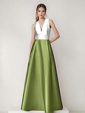 baratos Rosa-Vestido de noite em linha A, elegante, com blocos de cores, costas vazadas, formal, casamento, comprimento até o chão, sem mangas, decote em V, cetim com bolso lateral 2025