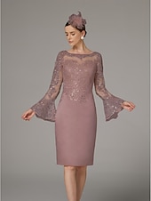 preiswerte Teelänge-Sheath Kleid Mutter der Braut Kleid Elegantes Vintage Luxuriös Juwelen-Hals Knie-Länge Satin Spitze Langarm Tee-Länge mit Applikationen