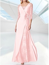 abordables Rose-Robe de Soirée A-Line de Mariage à la Plage Robe Élegante Robe Formelle Longueur de Sol Manche 3/4 Col en V Invité de Mariage d&#039;Automne Chiffon avec Broderie 2025
