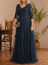 cheap Floor Length-A-Line Mother of the Bride Dress Wedding Guest Elegant V Neck Floor Length Lace Tulle 3/4 Length Sleeve with Beading Appliques 2025