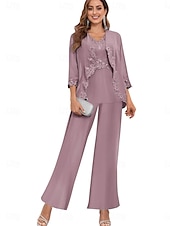preiswerte Hosenanzüge für Mama-Hosenanzug Brautmutterkleid Hochzeitsgast Elegant Einfach Rundausschnitt Bodenlang Polyester Langarm mit Einfarbig 2025