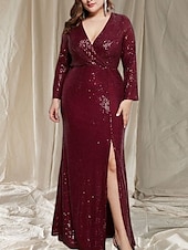 voordelige Avondjurken-Zeemeermin  Trompet Avondjurk Elegante Jurk Formele Avondfeest Vloerlengte Lange Mouw V-hals Geheel Versierd met Glitter Sequin Split