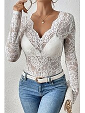 preiswerte Spitzenoberteile-Damen Spitzenhemd Bluse Glatt Stilvoll Langarm V Ausschnitt Normale Oberteile Täglich Ausgehen Spitze Schwarz Weiß Wein Sommer