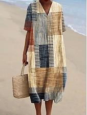 abordables Robes Rayés et Géométriques-Robe Midi pour Femmes Robe d&#039;Été A-Line Lin Vacances Décontractée Plage Sortie Coupe Lâche Imprimé Graphique Géométrique Manches Courtes Col V Rose Bleu Kaki Été