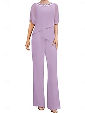 cheap Mom&#039;s Pant Suits-Pantsuit Mother of the Bride Dress Wedding Guest Elegant Simple Square Neck Floor Length Polyester Short Sleeve with Solid Color