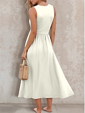 abordables Robe Simple-Femmes Robe Midi Robe d&#039;Été Robe trapèze Robe à épaules dénudées Vacances Occasionnel Sortir Coupe régulière Couleur Unie Graphique Uni Sans manches Col en U Noir Blanche Vin Bleu Océan Été