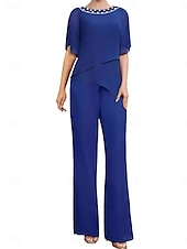 cheap Mom&#039;s Pant Suits-Pantsuit Mother of the Bride Dress Wedding Guest Elegant Simple Square Neck Floor Length Polyester Short Sleeve with Solid Color