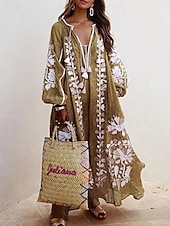 billiga Boho-klänning-Dam Midiklänning A linjeklänning Puffärmsklänning Semester Födelsedag Semester Fest Grafisk Långärmad V-hals Rubinrött Blå Himmelsblå Orange Vår Höst