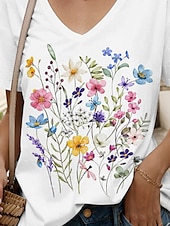 voordelige Bloementhee-Dames T-shirt Bloemig Grafisch Casual Korte mouw V-hals Normale tops Dagelijks Uitgaan Strand Kleding Afdrukken Wit Zomer
