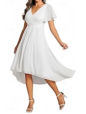 baratos Vestidos para Madrinhas-Linha A Vestido de Madrinha Decote V Manga Curta Elegante Assimétrico Chiffon com Franzido 2022