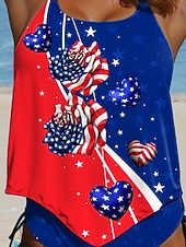  Día de la Independencia Bañador Patriótico Mujer Tankini 2 Piezas Bañador Cheeky Sin Espalda Vacaciones Ropa de Playa Bandera Cuello en U Sin Mangas Trajes de Baño