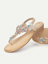 preiswerte Braut-Flache Sandalen mit goldenen Strasssteinen für Damen – elegante T-Riemen-Sandalen im Bohème-Stil für den Sommer, den Strandurlaub und Freizeitausflüge