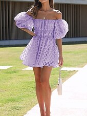 billiga Enkel klänning-Kvinnors Mini Klänning A Linje Klänning Mjölkdam Klänning Off The Shoulder Klänning Puff Ärmar Klänning Semester Utomhus Daglig Regular Fit Enfärgad Kort Ärmar Off Shoulder Svart Ljusgrön