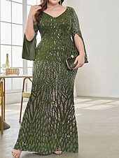 baratos AZUL-Vestido Plus Size Mãe da Noiva Vestido de Curvas Elegante Festa Decote em V Comprimento do Chão Spandex Manga Longa com Lantejoula 2025