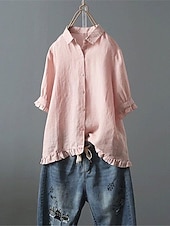 economico Camicie-Per donna Camicia Blusa Camicie di cotone e lino Semplice Essenziale Moderno Manica Corta Colletto a Camicia Top Regolari Quotidiano Ferie Uscire Bottoni Bianco Giallo Rosa Blu marino Azzurro Estate