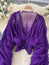 billiga Dressiga toppar-Dam Blus Chiffong toppar Slät Stylish Långärmad Puffärm V-hals Crop Tops Helgdag Utekväll Rynkad Svart Vit Purpur Grön Vår