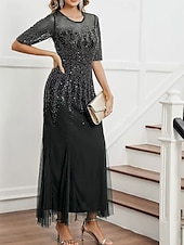 cheap Under $129.99-Dress Mother of the Bride Dress Elegant Party Black Dress Crew Neck Floor Length Polyester Half Sleeve with Sequin 2025
