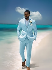 preiswerte Freizeitanzüge-Herren Lässige Strandhochzeitsanzüge Himmelblau Mode Lässig Sommer Unifarben Standardpassform 3 Teilig Einreiher Ein-Knopf