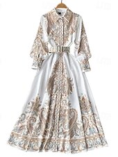 abordables Robes Bohémiennes-Femmes Robe Midi Robe bohème Mode Fête Sortir Week-end Coupe régulière Fleur manche longue Col de chemise Noir Bleu Abricot Été