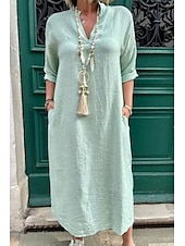 preiswerte Kleider aus Baumwolle und Leinen entwerfen-Damen Midikleid Leinen-inspirierte Kleider Baumwoll-Leinenkleid Basic Klassisch Modern Täglich Ferien Wochenende Normale Passform Einfach Langarm V Ausschnitt Rosa Grün Aprikose Leicht Blau Sommer