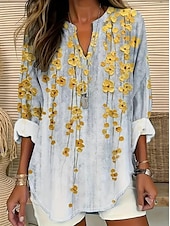 preiswerte Blumenoberteile-Damen Hemd Langarm Tunika Oberteile Ombre Blumen Grafisch Vintage tropisch Hawaiianischer V-Ausschnitt reguläre Oberteile täglicher Urlaubs Strandbekleidung Druck Grau Sommer Frühling