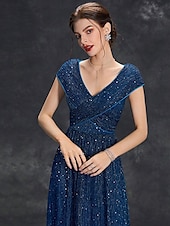 preiswerte BLAU-Kleid Brautmutterkleid Elegant Party V Ausschnitt Bodenlang Chiffon Polyester Kurzarm mit Paillette 2025
