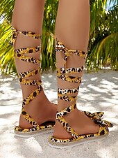 billige Ferietøfler-solsikke-gladiatorsandaler for kvinner – flate sandaler med snøring med sløyfedetalj og leopardprint for sommerstrandtøy og feriestil