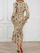 preiswerte abendkleider-Damen Midikleid Cocktailkleid Etui-Kleid Mode Urlaub Ferien Teegesellschaft Normale Passform Leopard Langarm V Ausschnitt Schwarz Khaki Aprikose Sommer