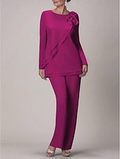 voordelige Broekpakken van mama-Strand Bruiloft Twee Delige Jumpsuit  Pantsuit Moeder van de Bruid Bruiloft Gast Elegante Plus Size Juweel Hals Vloerlengte Chiffon Lange Mouw met Strik(ken) Rimpelingen 2025