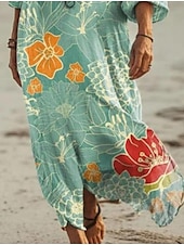 preiswerte Blumenkleider-Frauen Maxi Kleid Strandkleid A-Linie Kleid Urlaub Lässig Strand Outdoor Urlaub Alltag Reguläre Passform Floral Grafik Lange Ärmel V-Ausschnitt Hellgrün Sommer Frühling