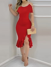 abordables Robes moulantes de soirée-Femmes Robe Midi Moulant Élégant Formel Date Coupe régulière Couleur Unie Manche Courte Col en U Noir Rouge Bleu Fuchsia Été