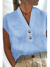 economico Camicie di Lusso-Per donna Misto cotone Blusa Bottoni Semplice Essenziale Moderno Casual Manica Corta Scollo a V Top Regolari Ferie Uscire Bianco Rosa Verde Azzurro Estate