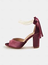abordables Sandalias de Vestir-Sandalias de satén con punta abierta y tacón cuadrado para mujer con tira de perla en el tobillo: elegantes zapatos de cóctel.