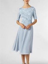 levne Délka čaje-A-line šaty matky nevěsty svatební host elegantní drobné výstřih do lodi délka po kolena chiffon poloviční rukáv s plisováním jednobarevné bez vlastního měření